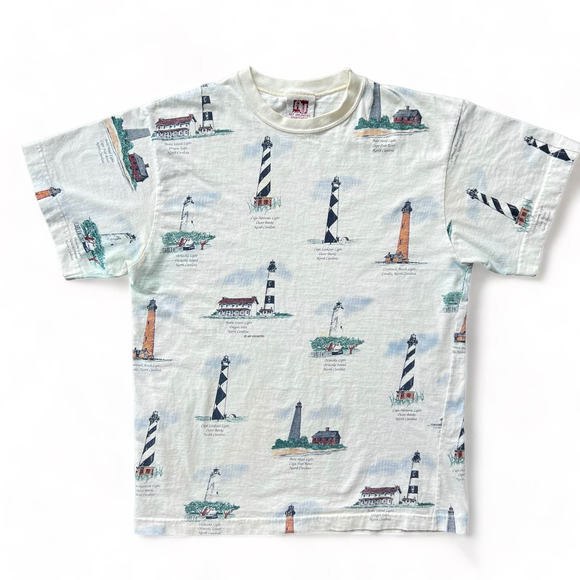 Vintage Art Unlimited North Carolina Lighthouse AOP Shirt M NC 90s Cape Fear - Picture 1 of 12